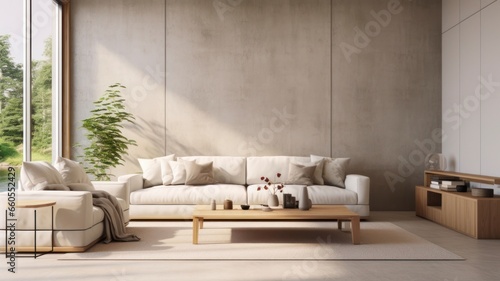 3D Home Layout with Light-Colored Concrete Walls, Sofa, and Table in Living Room Interior - AI Generated Stock Image