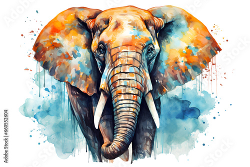 enchanting elephant in a stunning watercolor portrayal. The artwork comes to life with expressive splashes of watercolor paint.Png.Isolated