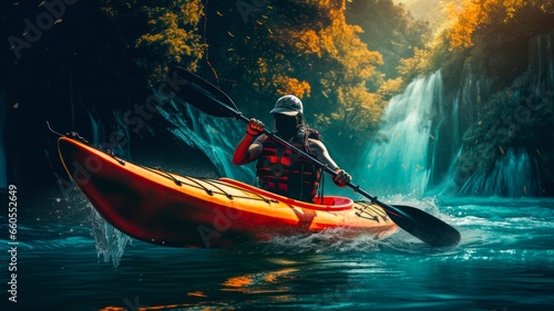 Active river adventure: Sailing through a waterfall in a jungle with a kayak. © Sandris_ua