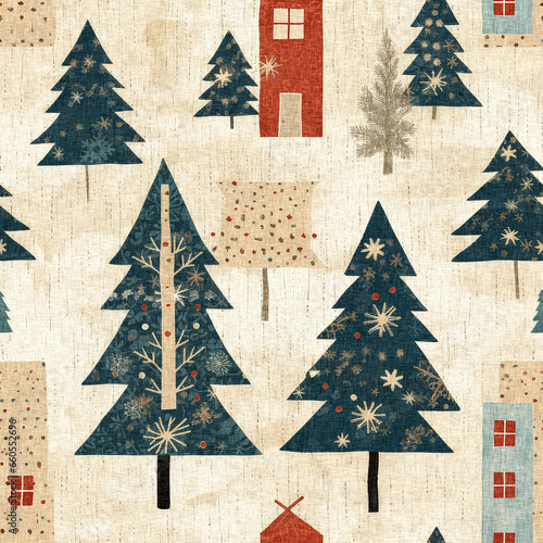 Rustic country christmas cottage with primitive hand sewing fabric effect. Cozy nostalgic shabby chic homespun americana winter handmade crafts style seamless pattern.