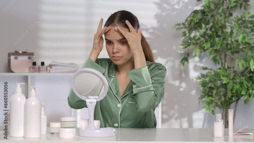 A woman without makeup and wearing silk pajamas, admires her reflection in the mirror while sitting at a dressing table. A woman notices wrinkles or pimples on her forehead, smooths them out. A woman without makeup and wearing silk pajamas, admires her reflection in the mirror while sitting at a dressing table. A woman notices wrinkles or pimples on her forehead, smooths them out.