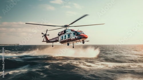 Aerial View of the Serene Ocean: Helicopter Flyover and Airplane Landing on Water for Hassle-Free Travel and Transport by Air and Sea