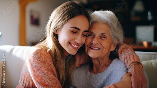 Affectionate Family Moments: Close-Up of Smiling Grownup Daughter and Mature Mother Cuddling on Cozy Couch at Home © Sandris_ua