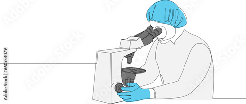 Scientist looking through microscope in laboratory continuous line drawing. Scientific research concept drawn by single line. Vector illustration on white background.