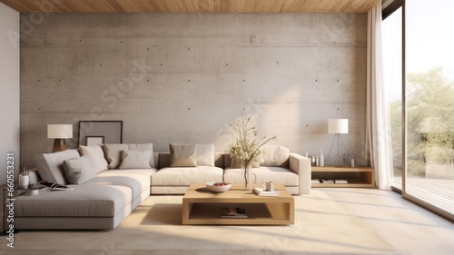 AI-aided interior design  3-dimensional floor plan featuring light-toned concrete walls  couch  and coffee table of the living area background.