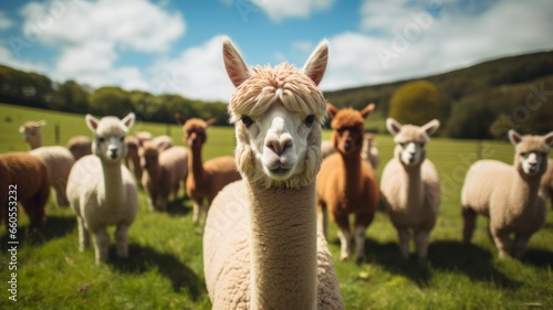 AI-Generated Green Grass Grazing Alpaca Herd in Fuzzy Fiber
