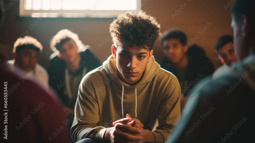 Anxious Hispanic Teen Boy Shares Bad News with Multiracial High School Classmates in a Circle Discussion - obrazy, fototapety, plakaty 