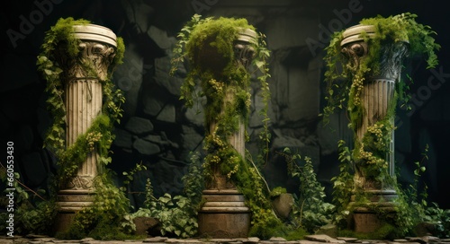 Antique Columns Emerge Through Ancient Plants in a Overgrown Collection for Generative AI