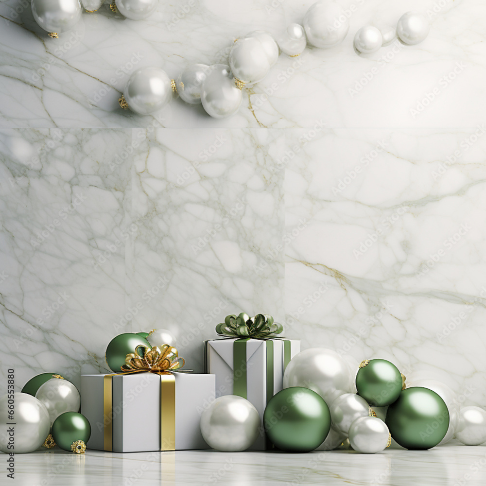 Fondo con detalle y textura de regalos y adornos de navidad, con tonos metalicos, sobre superficie de marmol blanco - obrazy, fototapety, plakaty 
