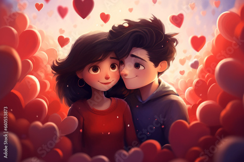 A couple hugging in front of a bunch of hearts, Generative AI