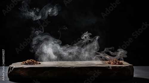 Smoke from incense sticks on a empty black stone table photo
