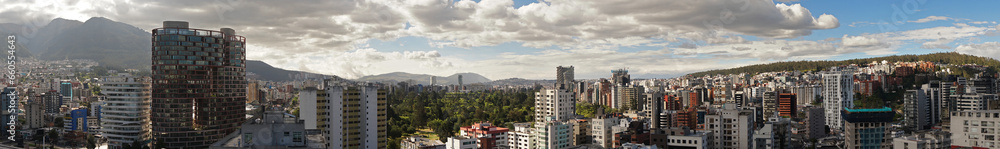 Panoramic view of the north central area of the city of Quito during a cloudy sunset