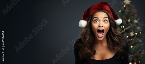 surprise woman with Christmas costume with solid color background, text space