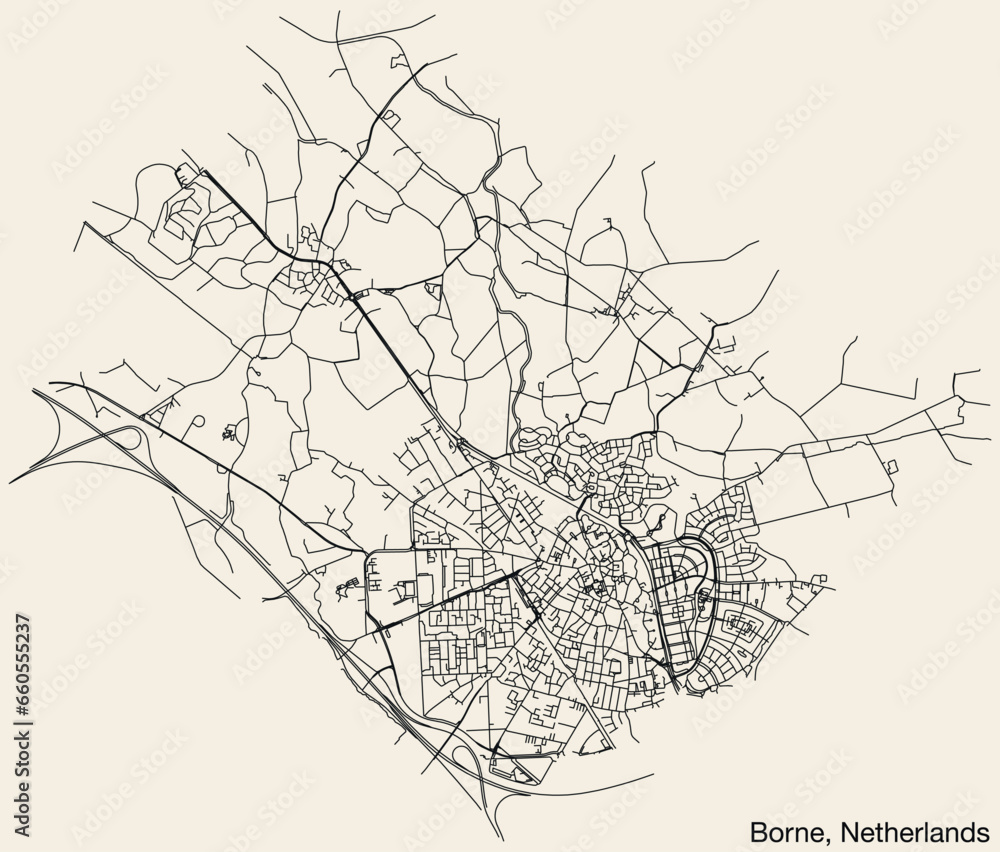 Obraz premium Detailed hand-drawn navigational urban street roads map of the Dutch city of BORNE, NETHERLANDS with solid road lines and name tag on vintage background