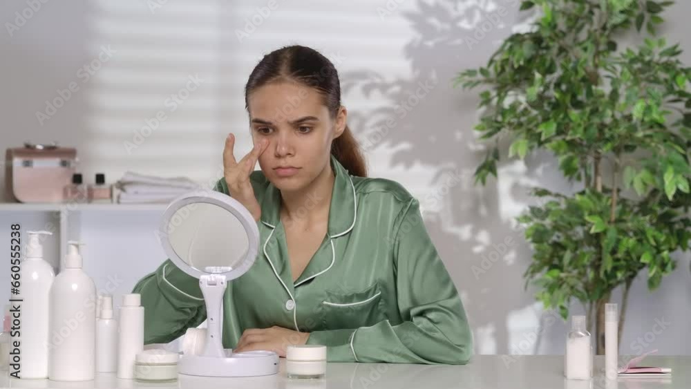 A young woman without makeup applying white cream on problem skin areas of the face. A woman in green silk pajamas sitting at a dressing table in front of a mirror in the morning. A young woman without makeup applying white cream on problem skin areas of the face. A woman in green silk pajamas sitting at a dressing table in front of a mirror in the morning.