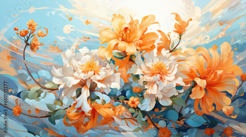 a painting of orange and white flowers on a blue background.   Gouache Painting of a Tangerine color flower, Perfect for Wall Art. © Jyukaruu's Studio