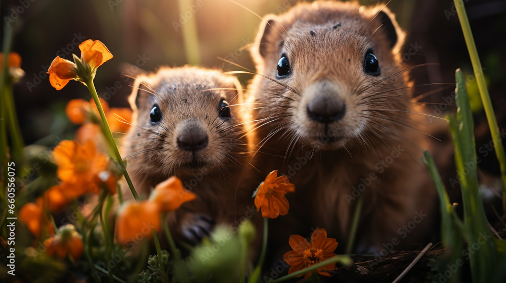 A charming groundhog family in their burrow on Groundhog Day, cozy and snug in their underground home as they prepare to emerge A charming groundhog family in their burrow on Groundhog Day, cozy and snug in their underground home as they prepare to emerge