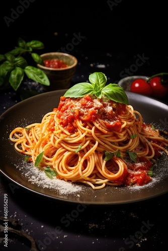 spaghetti with tomato sauce and basil - generative ai