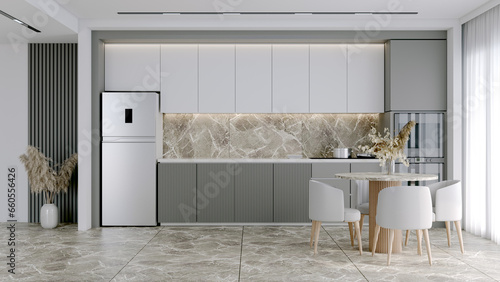 Modern Contemporary  kitchen room interior . gray color material 3d render