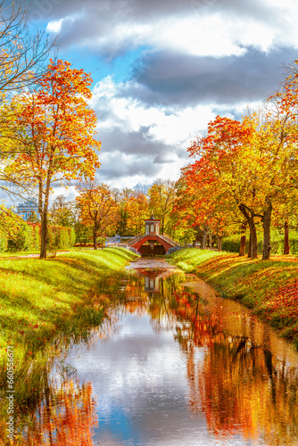 Cross Bridge in Alexander Park in golden autumn. Pushkin (Tsarskoe Selo)