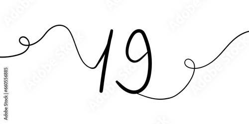 Number 19 line art drawing on white background. 19th birthday continuous drawing contour. Minimal vector illustration