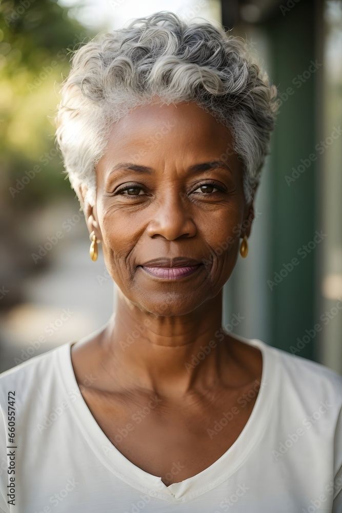 portrait of senior black woman with short flowing grey hair and striking green eyes, wearing white t-Shirt. Generative Ai. portrait of senior black woman with short flowing grey hair and striking green eyes, wearing white t-Shirt. Generative Ai.