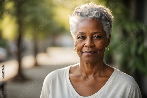 portrait of senior black woman with short flowing grey hair and striking green eyes, wearing white t-Shirt. Generative Ai.