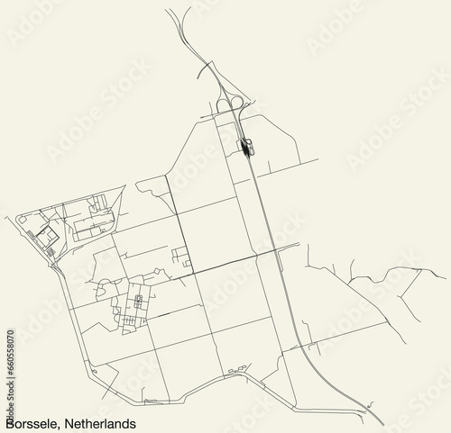 Detailed hand-drawn navigational urban street roads map of the Dutch city of BORSSELE, NETHERLANDS with solid road lines and name tag on vintage background photo