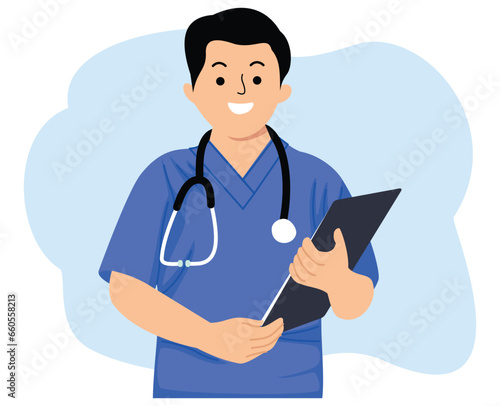 healthcare workers smiling young man nurse wearing blue uniform with a stethoscope holding clipboard