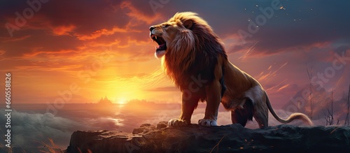 A lion silhouette rules over a colorful animal kingdom amidst a surreal sunset With copyspace for text