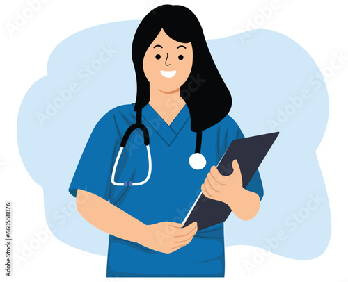 healthcare workers smiling young woman nurse wearing blue uniform with a stethoscope holding clipboard