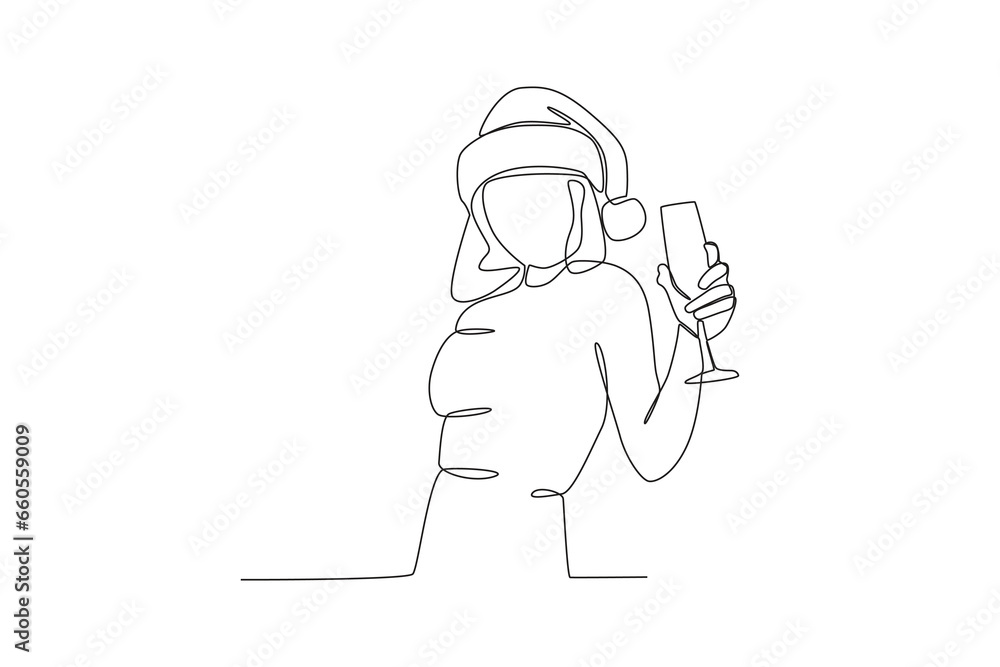 A woman wearing a hat raises a glass in her hand. New years eve one-line drawing