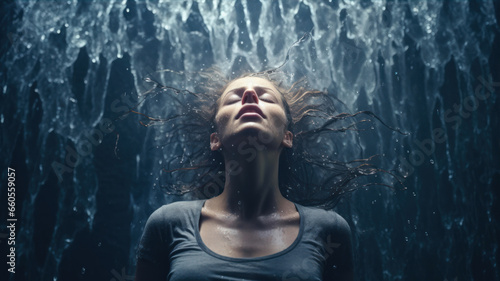 Young woman with wet hair in a dark cave with water stream.