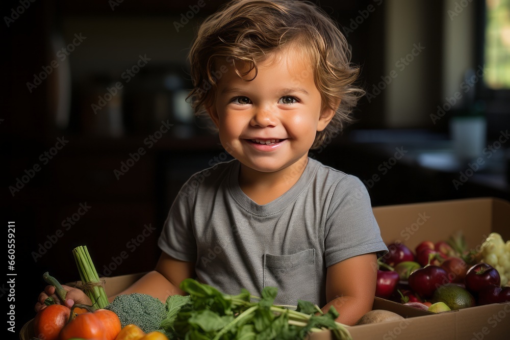 Happy cute adorable kid holding vegetables in wooden box from organic farm