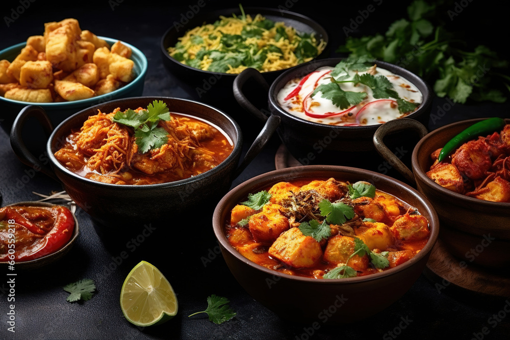 Bowls of indian food on dark background Bowls of indian food on dark background