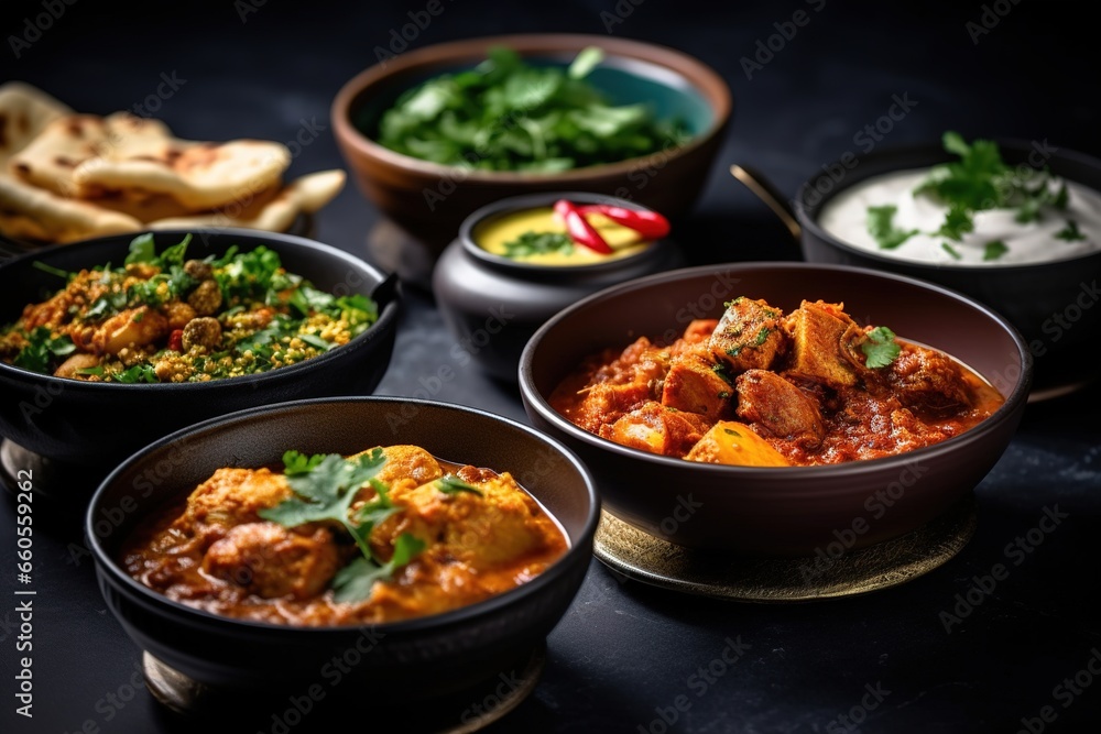 Bowls of indian food on dark background