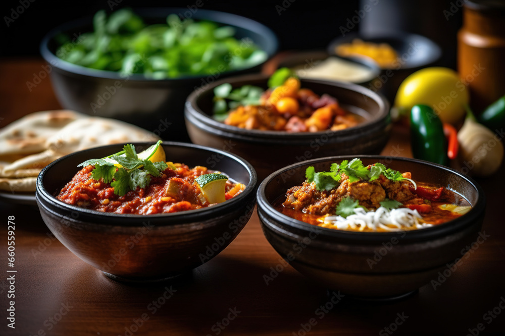 Bowls of indian food on dark background Bowls of indian food on dark background