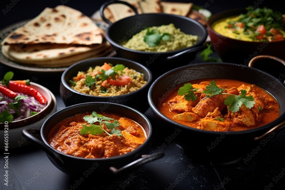 Bowls of indian food on dark background Bowls of indian food on dark background