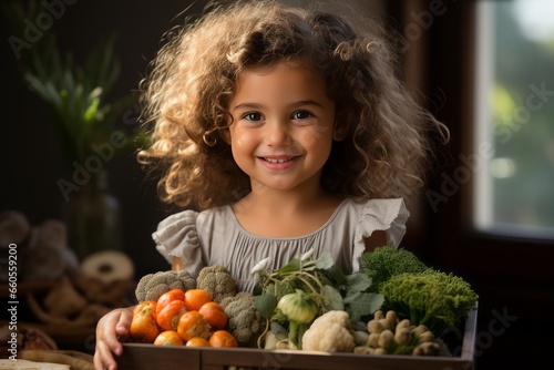 Happy cute adorable kid holding vegetables in wooden box from organic farm