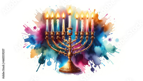 Watercolour illustration of Menorah candelabra. Tradicional Jewish holiday Hanukkah symbol. Festival of Lights.