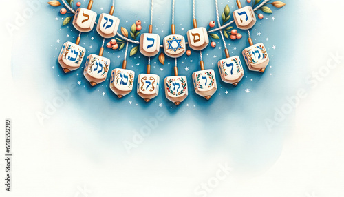 Wallpaper Mural Watercolour illustration of garland made from dreidels marked with a Hebrew letter. Tradicional Jewish holiday Hanukkah symbol. Torontodigital.ca