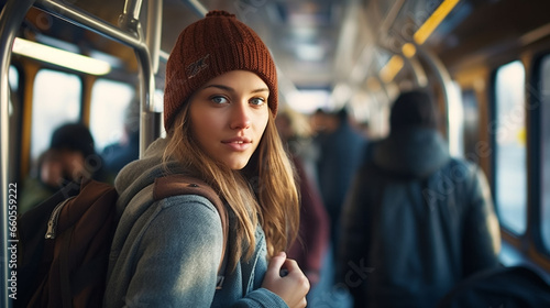 stockphoto, female student is standing in bus and travelling in public transport on the way to school. Student standing in the bus. Travelling toward school or university or high school. Public transp