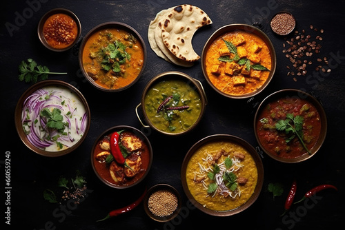 Bowls of indian food on dark background