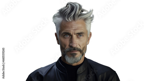 Portret przystojnego dojrzałego mężczyzny, siwe włosy i broda, przezroczyste tło.
