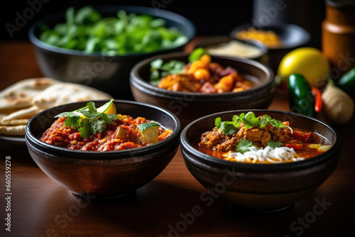 Fototapete Bowls of indian food on dark background