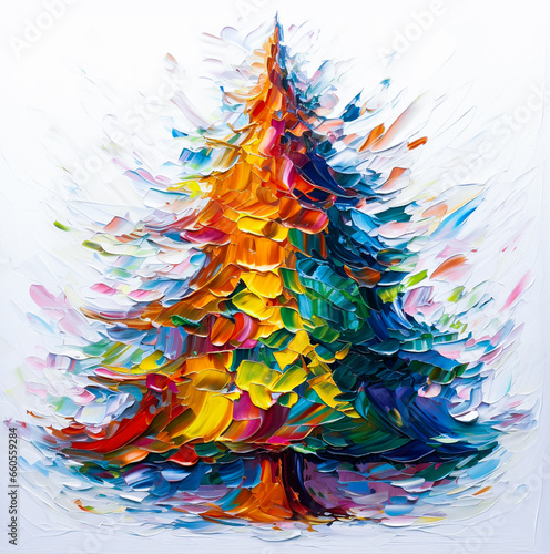Kolorowa choinka bożonarodzeniowa na białym tle namalowana grubą warstwą farby olejnej. 