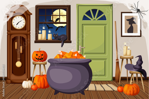 Witches room decorated for Halloween. Spooky Halloween interior with a cauldron, candles, grandfather clock, and spider web. Cartoon vector illustration