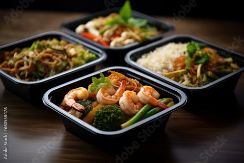 Ready to eat modern Thai food in take away plastic boxes.