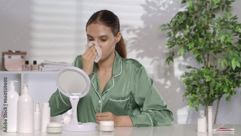 A young frustrated woman wipes off foundation or face mask with a damp napkin. The woman is upset about her problem skin. A woman in green silk pajamas sits at a dressing table in front of a mirror. A young frustrated woman wipes off foundation or face mask with a damp napkin. The woman is upset about her problem skin. A woman in green silk pajamas sits at a dressing table in front of a mirror.