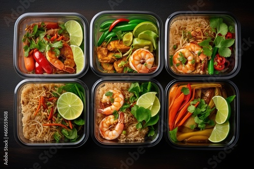Ready to eat modern Thai food in take away plastic boxes. © Irina
